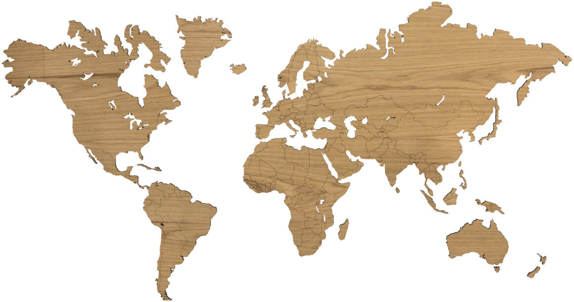 Eine Weltkarte aus Eichenholz. Die Karte zeigt die Umrisse der Kontinente und ist als minimalistische Wanddekoration gestaltet. Sie hat ein natürliches, holzfarbenes Aussehen.