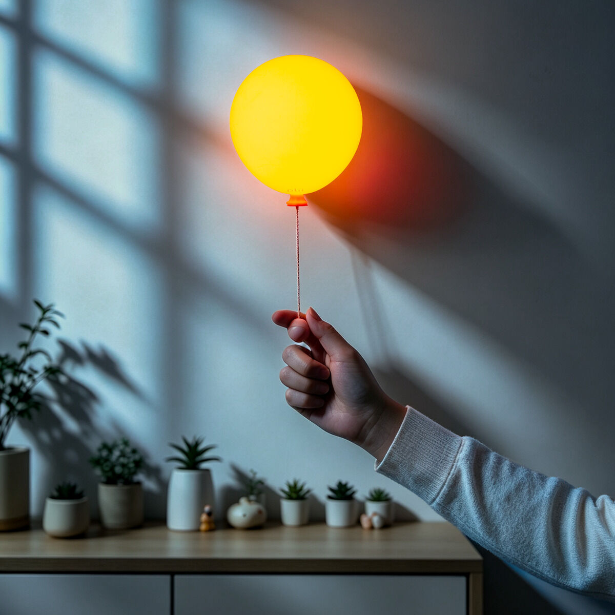 Eine beleuchtete Wandleuchte in Form eines gelben Ballons („Mimo Ballon“ von Gingko Design Ltd) wird von einer Hand am Faden gehalten. Im Hintergrund stehen kleine grüne Pflanzen auf einem Holzregal vor einer grauen Wand mit Streifen von einfallendem Tageslicht.