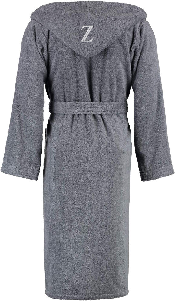 Ein grauer Bademantel aus Frottee-Stoff von der Rückseite gezeigt. Er hat eine Kapuze und einen Gürtel und trägt das Logo 'Z' auf dem Rücken.