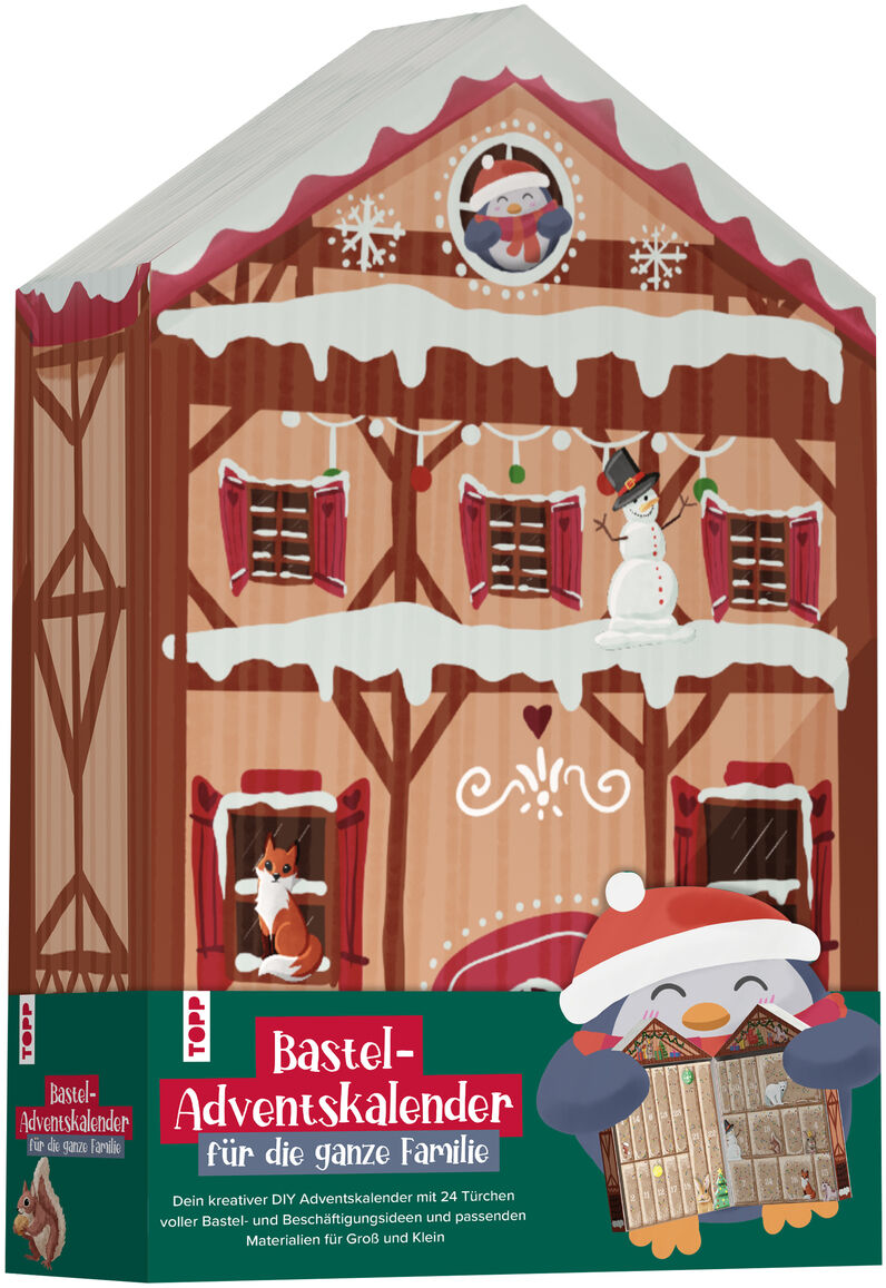 Hausförmiger Bastel-Adventskalender »Bastel-Adventskalender für die ganze Familie« von frechverlag TOPP, dekoriert mit winterlichen Motiven wie Schneemann, Katze, Weihnachtsdeko und Pinguin mit Mütze. 24 Türchen bieten Bastelideen für Groß und Klein.