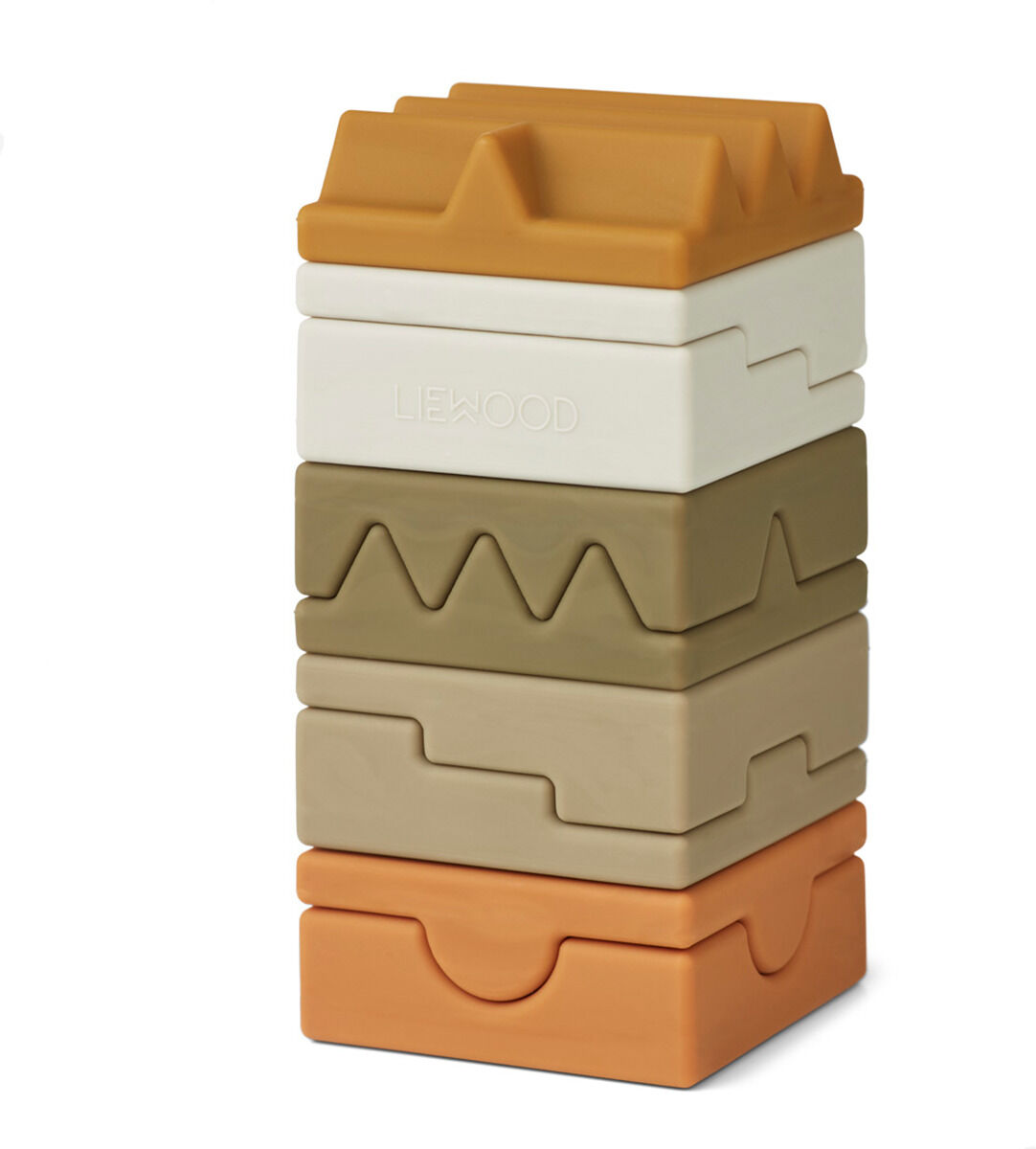 Ein Stapelturm namens Morgan aus Holz mit Bausteinen in den Farben Braun, Weiß, Beige und Hellbraun, geeignet für Kinder und Babys zur Förderung der motorischen Fähigkeiten und des Lernens. Das umweltfreundliche und nachhaltige Spielzeug formt verschiedene geometrische Muster.