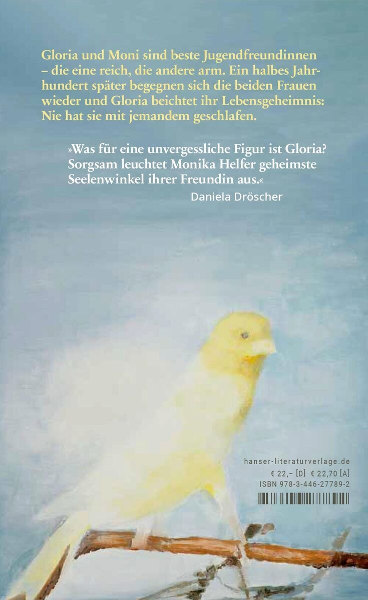Buchcover von 'Die Jungfrau' von Monika Helfer mit einem gelben Vogel und einer Textpassage über Freundschaft zwischen Gloria und Moni. Hintergrund in Blautönen gehalten.