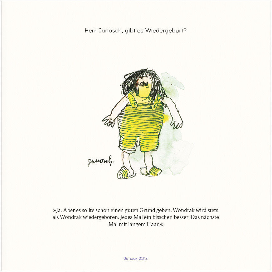 Illustration aus dem Buch 'Janosch: Herr Wondrak, wie kommt man durchs Leben?'. Es zeigt eine humorvolle Szene mit einer Zeichnung von Herr Wondrak in gelber Kleidung und grün/gelben Sandalen. Begleittext oben und unten auf der Seite. Januar 2018 ist am unteren Rand der Seite sichtbar.