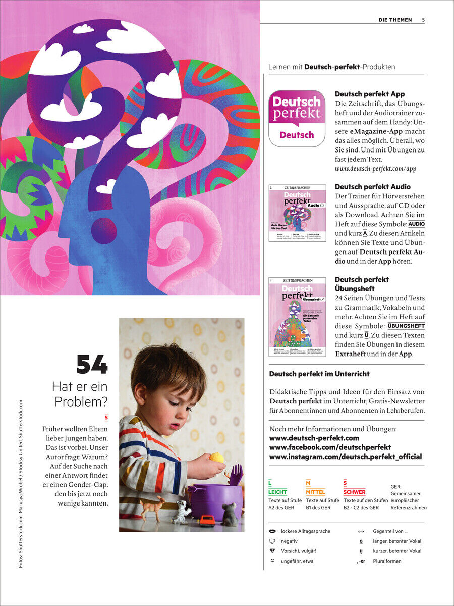 Magazinseite mit dem Titel 'Deutsch perfekt Magazin 3/2025'. Oben ein farbiges Bild einer stilisierten menschlichen Silhouette mit abstrakten Mustern. Daneben spezifische Informationen und Texte zu Produkten zum Deutschlernen. Unten ein Bild eines Kindes beim Basteln. Farben dominieren in Lila, Blau, Rosa, Grün und Weiß.