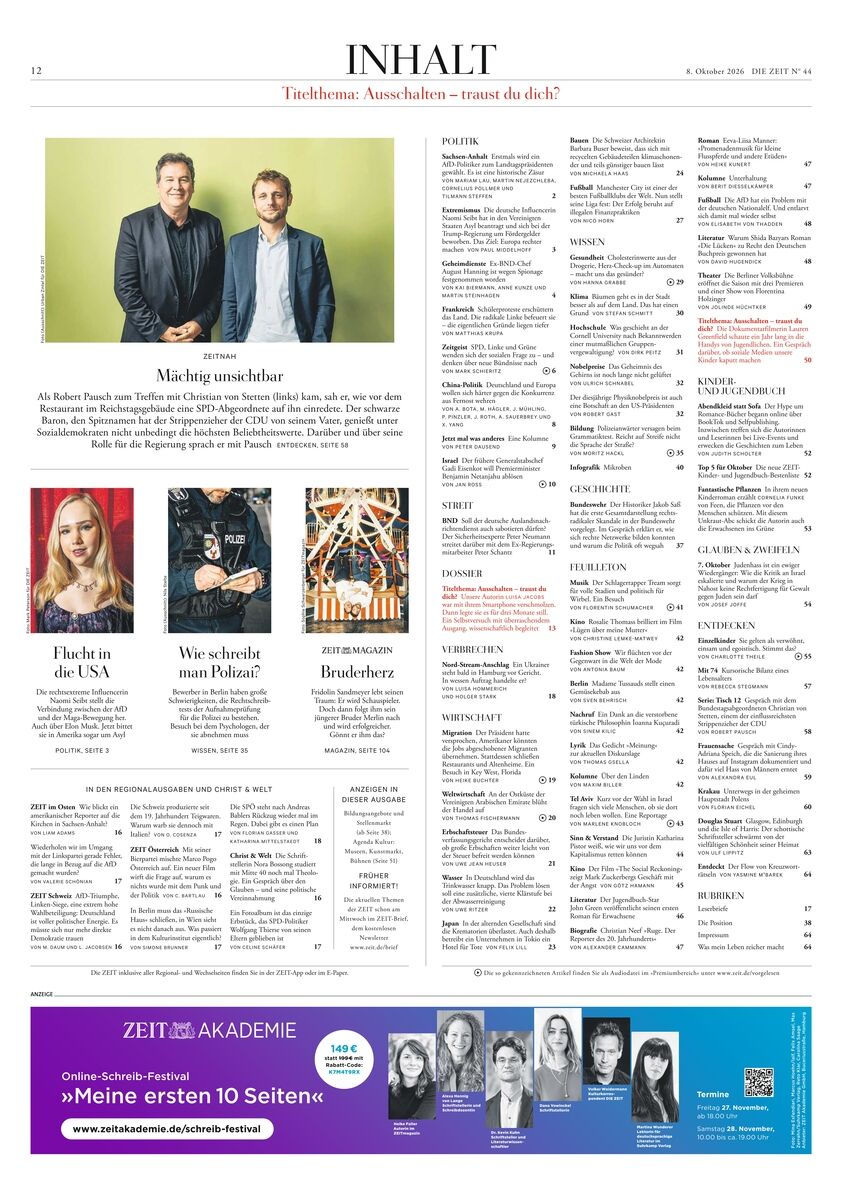 Das Titelbild zeigt eine Doppelseite aus der Wochenzeitung DIE ZEIT 44/2026 mit dem Inhaltsverzeichnis. Oben Foto von zwei Männern vor grünem Hintergrund, darunter Vorschaubilder zu Themen wie „Hoch in die USA“, „Wie schräg muss Politik?“. Unten violette Werbeanzeige.