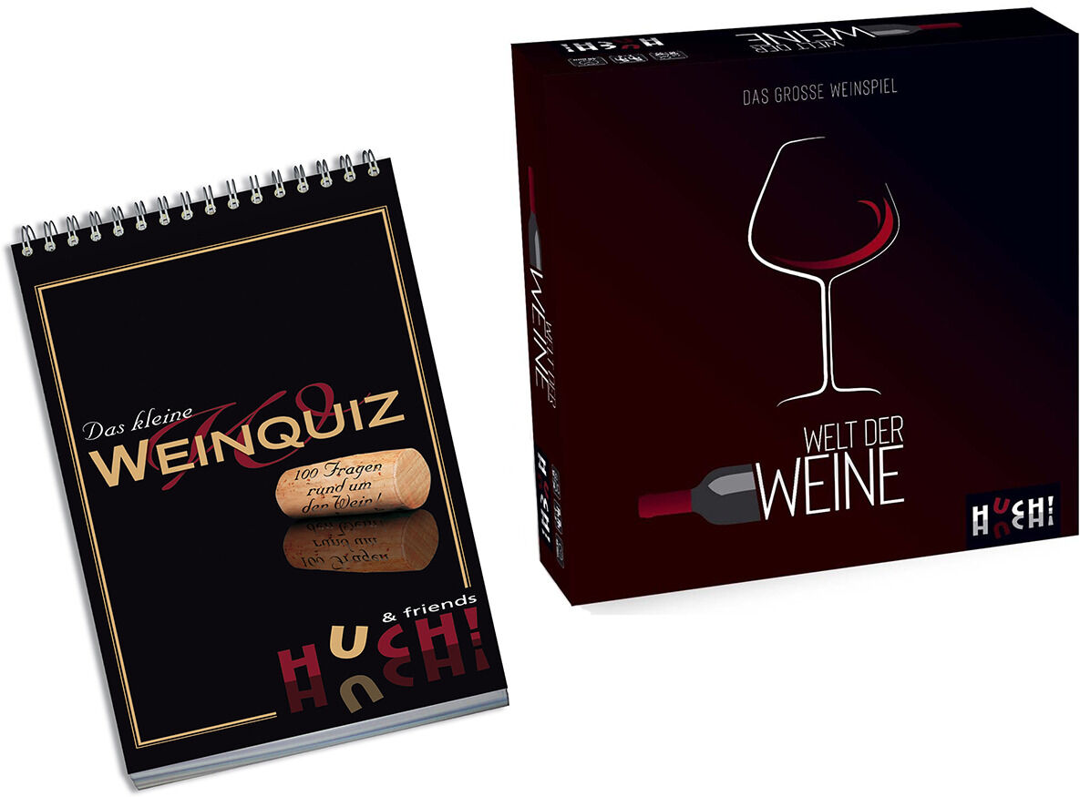 Spiel-Set 'Welt der Weine' mit einer schwarzen Spielbox, die ein rotes Weinglas zeigt, und einem dazugehörigen Notizblock. Perfekt für Weinliebhaber und als unterhaltsame Geschenkidee bei Weinabenden.