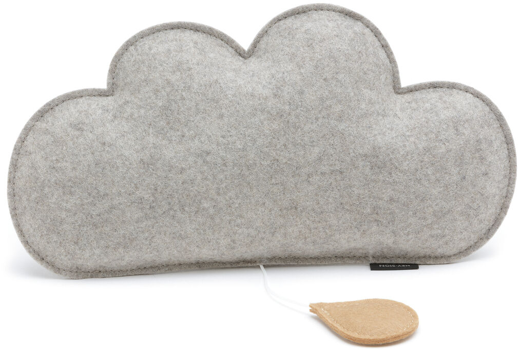 Graue Spieluhr in Form einer Wolke mit einem beigefarbigen Anhänger, ideal für Babys und Kleinkinder.