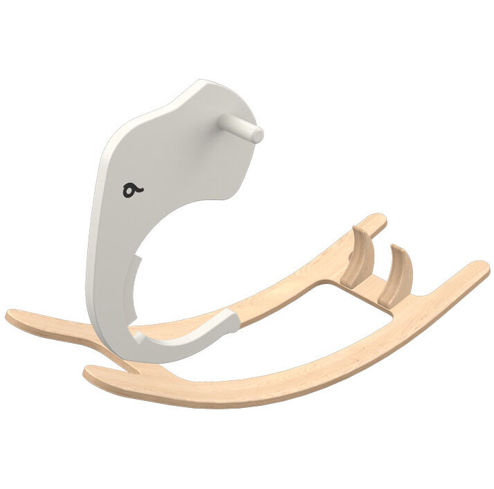 Erweiterung für ein Balance Bike in Form eines Schaukeltiers mit Elefantenkopf aus hellgrauem Material und naturfarbenem Holz, modern und kinderfreundlich gestaltet, geeignet für Kleinkinder.