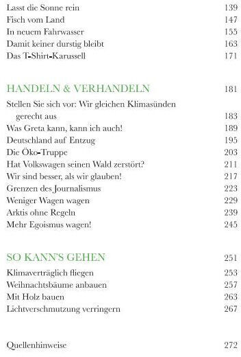 Das Bild zeigt eine Seite des Buchs »ZEIT GREEN«, auf der eine Kapitelübersicht mit den Titeln der Kapitel und deren Seitenzahlen in schwarzer und grüner Schrift abgebildet ist. Darunter befindet sich ein Abschnitt mit Quellennachweisen.