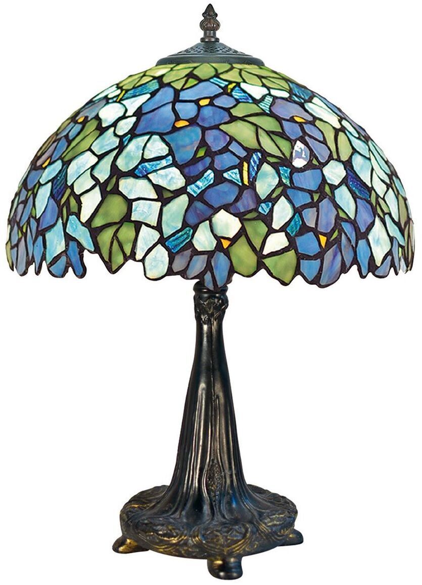 Kunstvolle Tischlampe »Romance« nach Louis C. Tiffany mit einem farbenreichen, handgefertigten Schirm aus Buntglas in Blau-, Grün- und Violetttönen sowie einem dunklen, verzierten Fuß aus Metall.