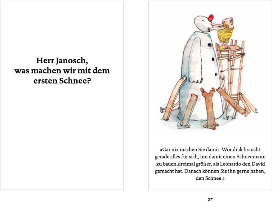 Das Bild zeigt zwei Seiten aus dem Buch 'Janosch: Wondrak und seine Freunde feiern Weihnachten'. Auf der linken Seite steht der Text 'Herr Janosch, was machen wir mit dem ersten Schnee?' Auf der rechten Seite ist eine farbenfrohe Illustration von Wondrak und seinen Freunden im Schnee zu sehen. Sie bauen einen Schneemann und haben Spaß zusammen. Im Hintergrund sind weitere winterliche Landschaftselemente zu erkennen.