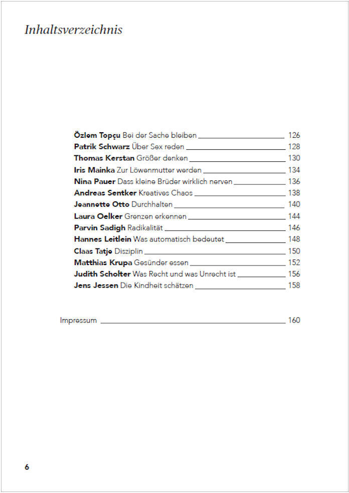 Inhaltsverzeichnis des Buches 'Vom Kind gelernt' mit einer Liste von Autoren und deren Beiträgen auf verschiedenen Seitenzahlen, auf einer weißen Seite mit schwarzem Text.