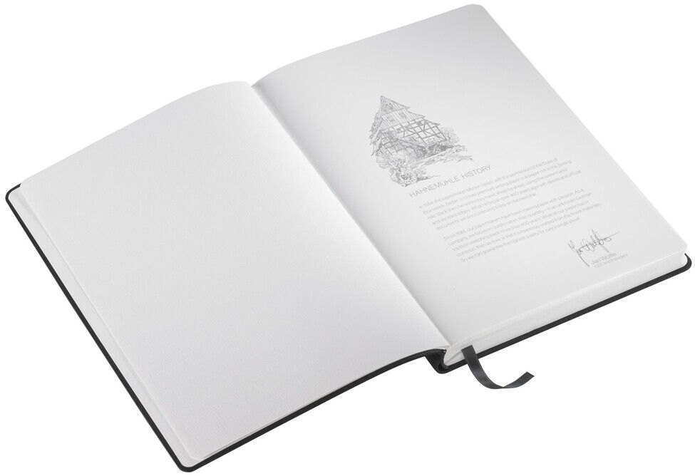 Offenes Notizbuch »Iconic« im DIN A5 Format mit weißem Papier und schwarzem Einband. Ein graues Lesezeichenband ist sichtbar. Das aufgeklappte Buch zeigt eine detaillierte Zeichnung auf der rechten Seite.