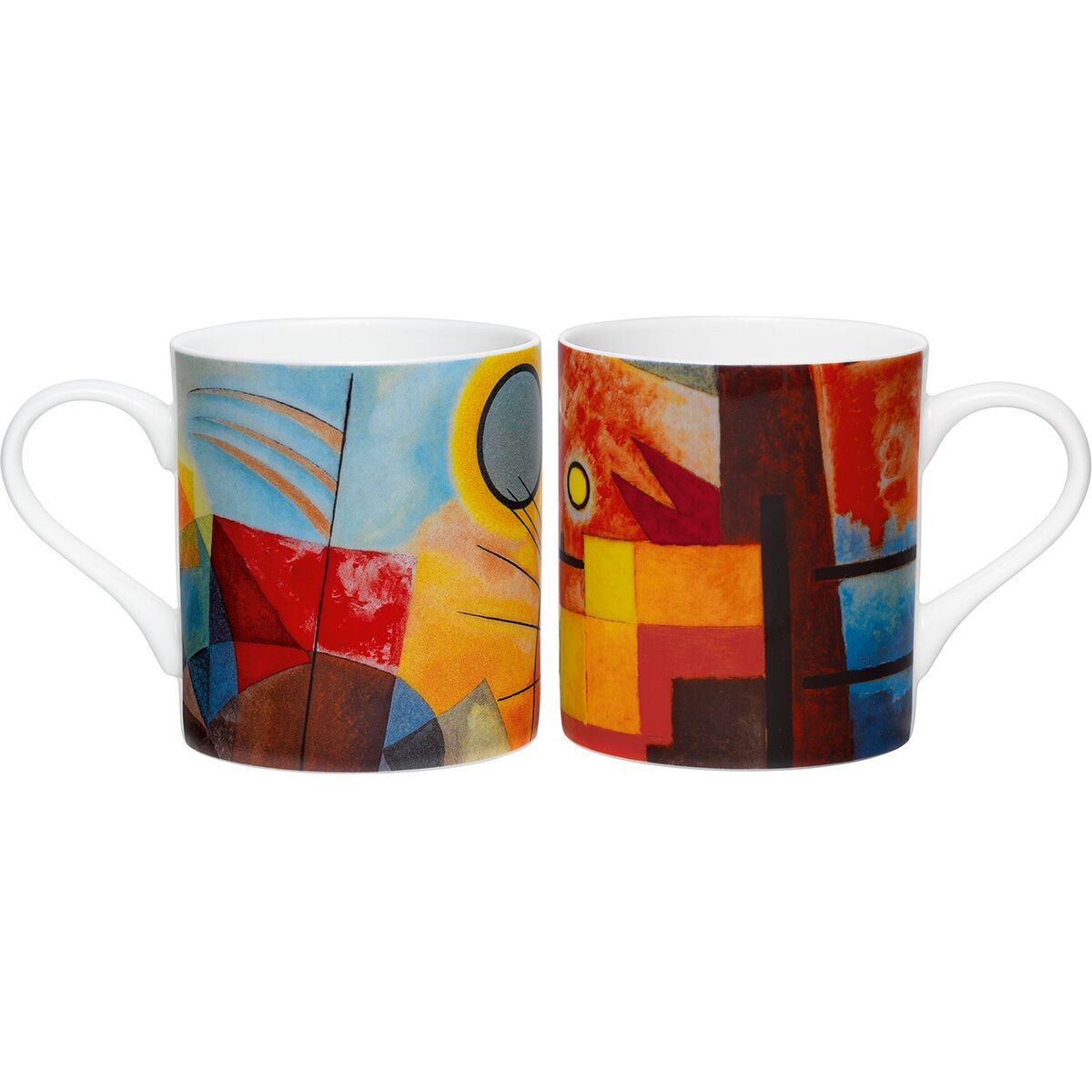 Das Bild zeigt zwei Porzellanbecher des Sets "Wassily Kandinsky: Schweres Rot und Gelb - Rot - Blau" der Marke Ars mundi, reich mit abstrakten, farbenfrohen Motiven in Rot, Gelb, Blau, Braun und Schwarz bedruckt. Die kunstvollen Designs setzen leuchtende Akzente und erinnern an Kandinskys Werke.