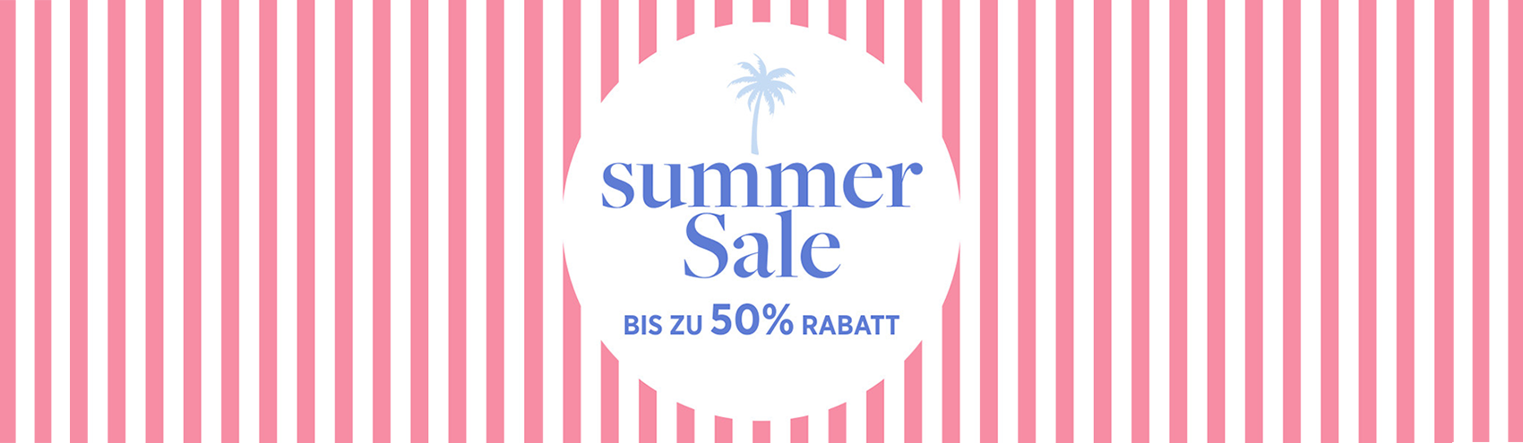 Text 'summer Sale bis zu 50% Rabatt' mit Palmen-Symbol auf weißem Kreis vor rot-weiß gestreiftem Hintergrund