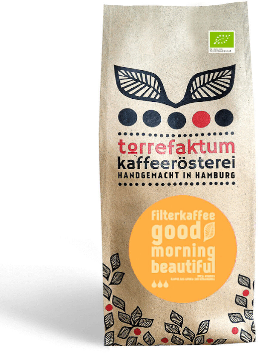 Packung Bio-Filterkaffeebohnen mit der Aufschrift 'Good Morning Beautiful' von einer handgemachten Kaffeerösterei in Hamburg mit nachhaltigem Design und stilisierten Kaffeebohnen.