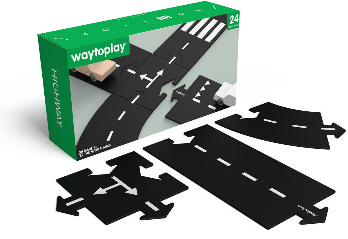 Das Bild zeigt das Straßenbau-Set »Highway« von waytoplay mit 24 flexiblen, schwarzen Straßenteilen mit weißen Markierungen sowie einer grünen Verpackung. Die Teile lassen sich zu verschiedenen Straßennetzen für Autos und Fahrzeuge zusammenbauen. Geeignet für Kinder zum fantasievollen Spielen und Lernen.