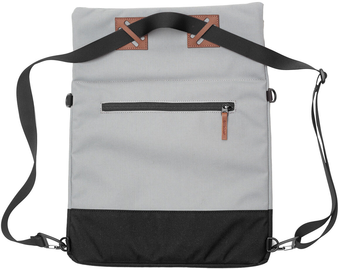 Eine graue und schwarze Stofftasche namens »Meije« mit Reißverschluss und einem verstellbaren Schultergurt. Die Tasche hat eine minimalistische und moderne Optik.