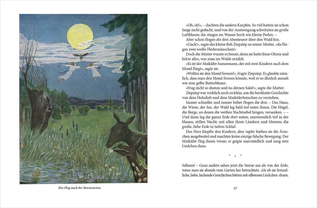 Das Bild zeigt eine Doppelseite aus dem Buch 'Peterchens Mondfahrt. Illustrierte Ausgabe'. Links ist eine farbige Illustration mit einer nächtlichen Szene: Ein voll beleuchteter Mond am Himmel, umgeben von Sternen, beleuchtet eine Landschaft mit einem Fluss, Bäumen und zwei Tieren, die am Ufer stehen. Rechts ist Text in deutscher Sprache. Obere Hälfte beschreibt eine Mutter, die ihre Kinder zu Bett bringt, die untere Hälfte beschreibt die Nacht und der Himmel ist voller Sterne.