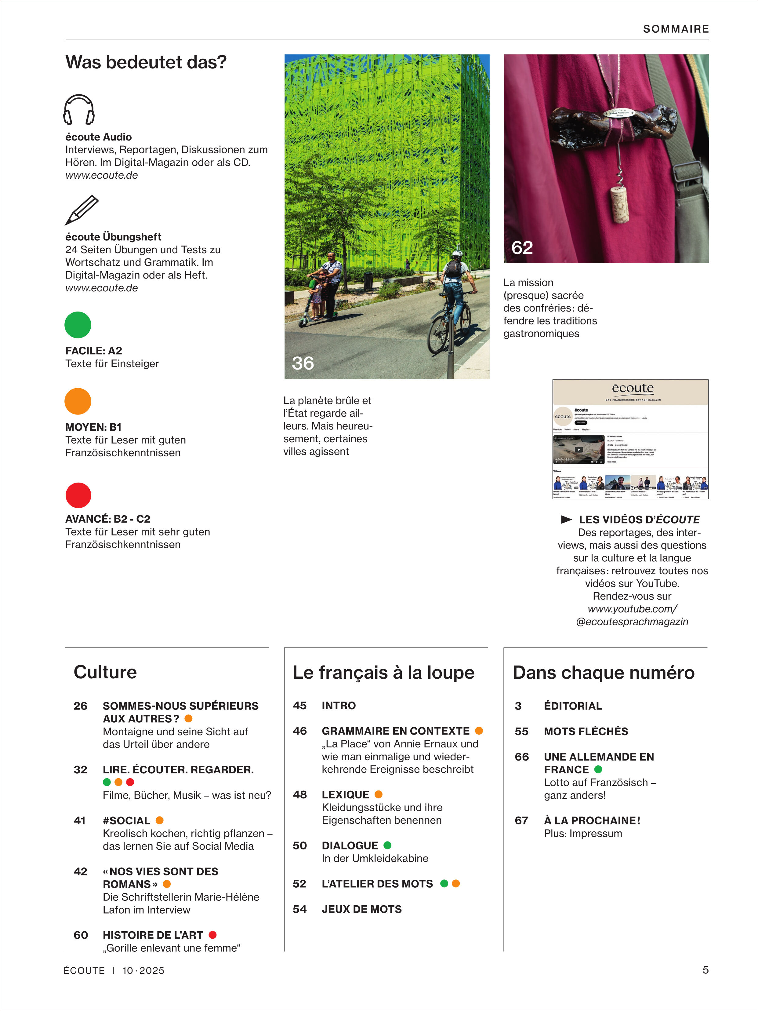 Das Titelbild des Écoute Magazin 10/2025 zeigt einen übersichtlichen Seitenaufbau mit Text, Fotos und einer farbigen Unterteilung nach Rubriken. Neben redaktionellen Hinweisen werden französische Sprachthemen, kulturelle Schwerpunkte sowie Fahrradszenen und Alltagssituationen dargestellt. Die Farben wirken freundlich und motivierend. Das Magazin richtet sich an Leser, die ihr Französisch verbessern und mehr über französische Kultur erfahren möchten.