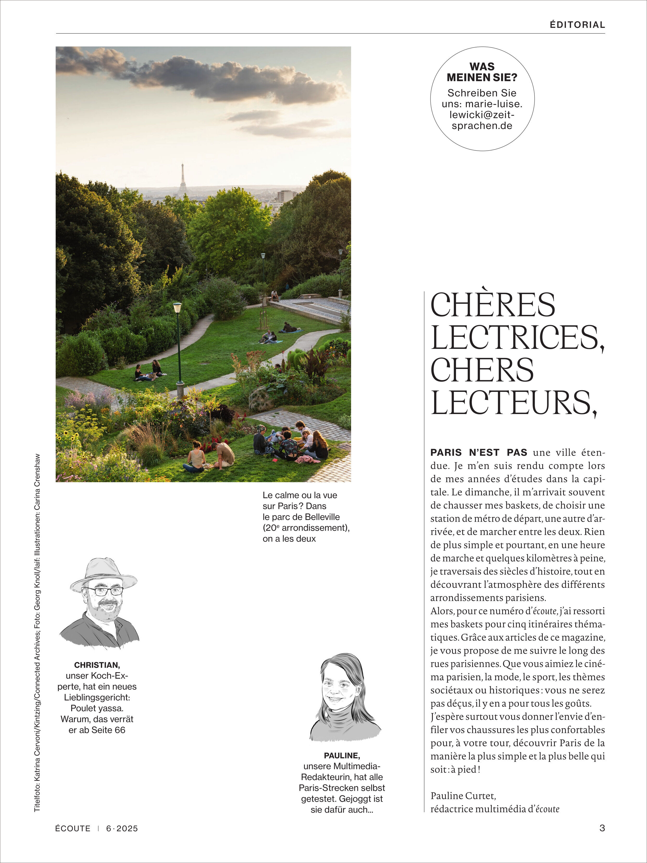 Ein Magazin mit dem Titel 'Écoute Magazin 6/2025'. Das Cover zeigt einen parkähnlichen Ausblick auf Paris mit Menschen, die im Garten entspannen. Textblöcke enthalten redaktionelle Inhalte über die französische Sprache und Kultur.