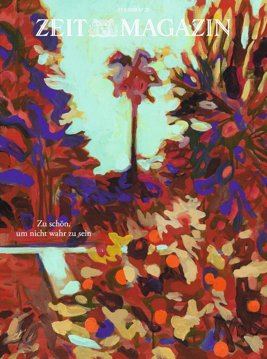 Das Cover des ZEIT Magazins Ausgabe 23/2026 zeigt ein abstraktes, farbenfrohes Gemälde mit kräftigen Rot-, Lila-, Gelb- und Cremetönen. Pflanzen und eine verschwommene Landschaft sind mit groben Pinselstrichen gemalt. Oben steht der Magazin-Titel, unten links ein weißer Text.