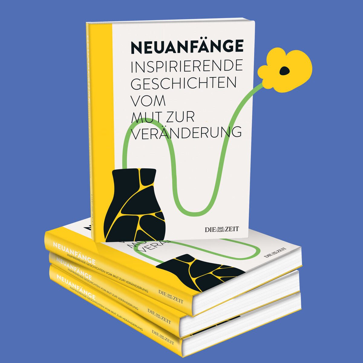 Das Bild zeigt die ZEIT-Edition »Neuanfänge« mit dem Untertitel 'Inspirierende Geschichten vom Mut zur Veränderung'. Auf einem blauen Hintergrund ist das Buch sowohl stehend als auch in Stapeln dargestellt. Das Cover zeigt ein minimalistisches Design mit gelben, grünen und schwarzen Linien sowie einer Blumenillustration.