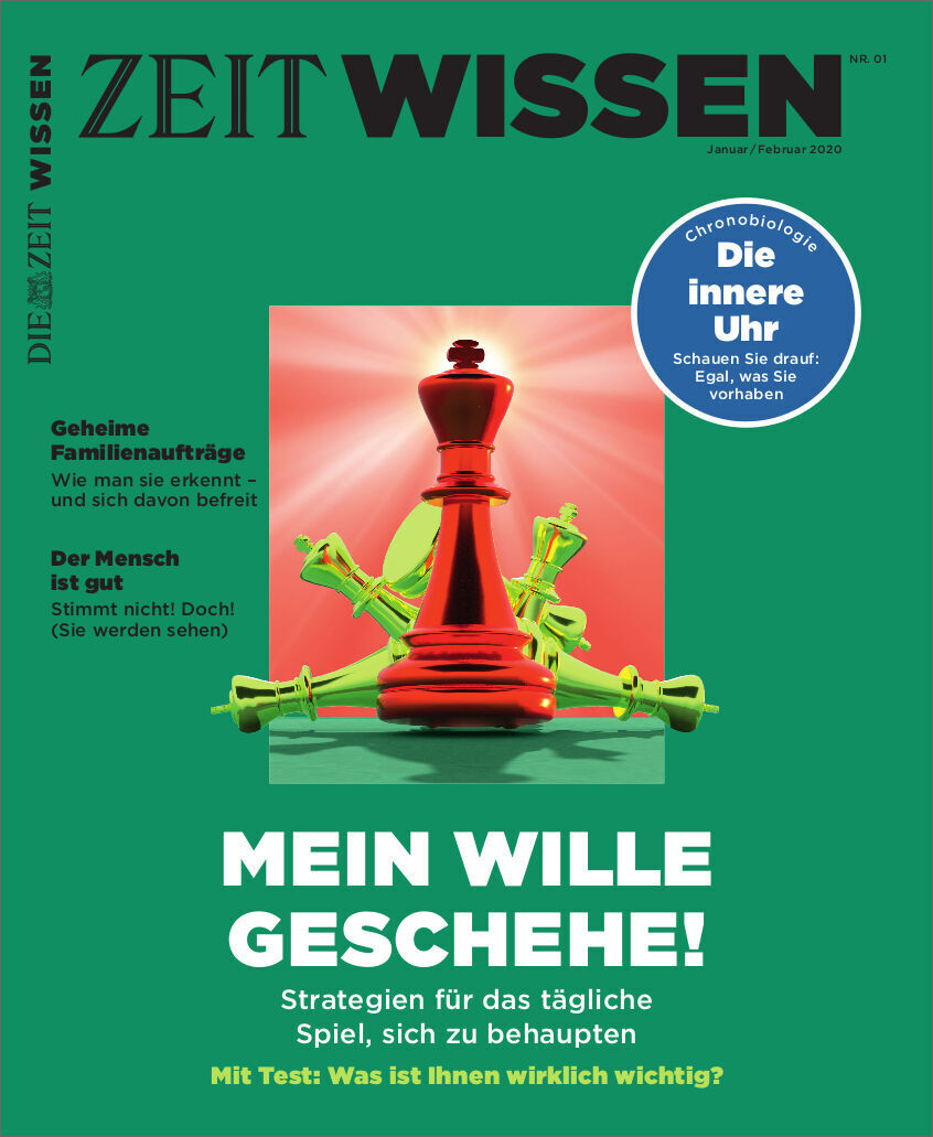 Titelbild des Magazins ZEIT WISSEN 1/20 mit der Ausgabe Mein Wille geschehe! Das Cover zeigt den Titel in weißer Schrift auf grünem Hintergrund mit roten Schachfiguren in der Mitte.