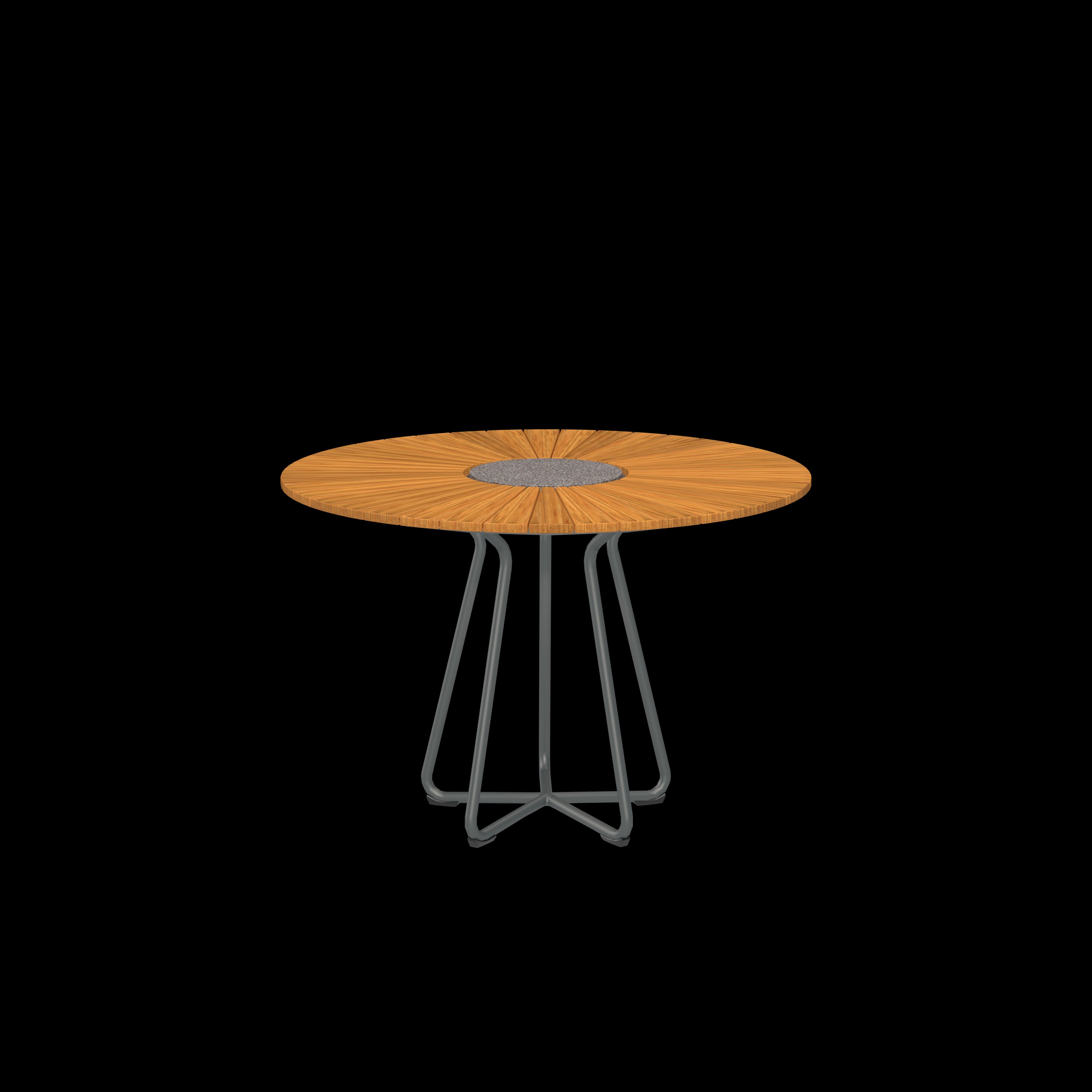 Runder Gartentisch der Serie »CIRCLE« mit einer Tischplatte aus Holz und stabilem grauem Metallgestell, geeignet für den Außenbereich wie Garten oder Terrasse.