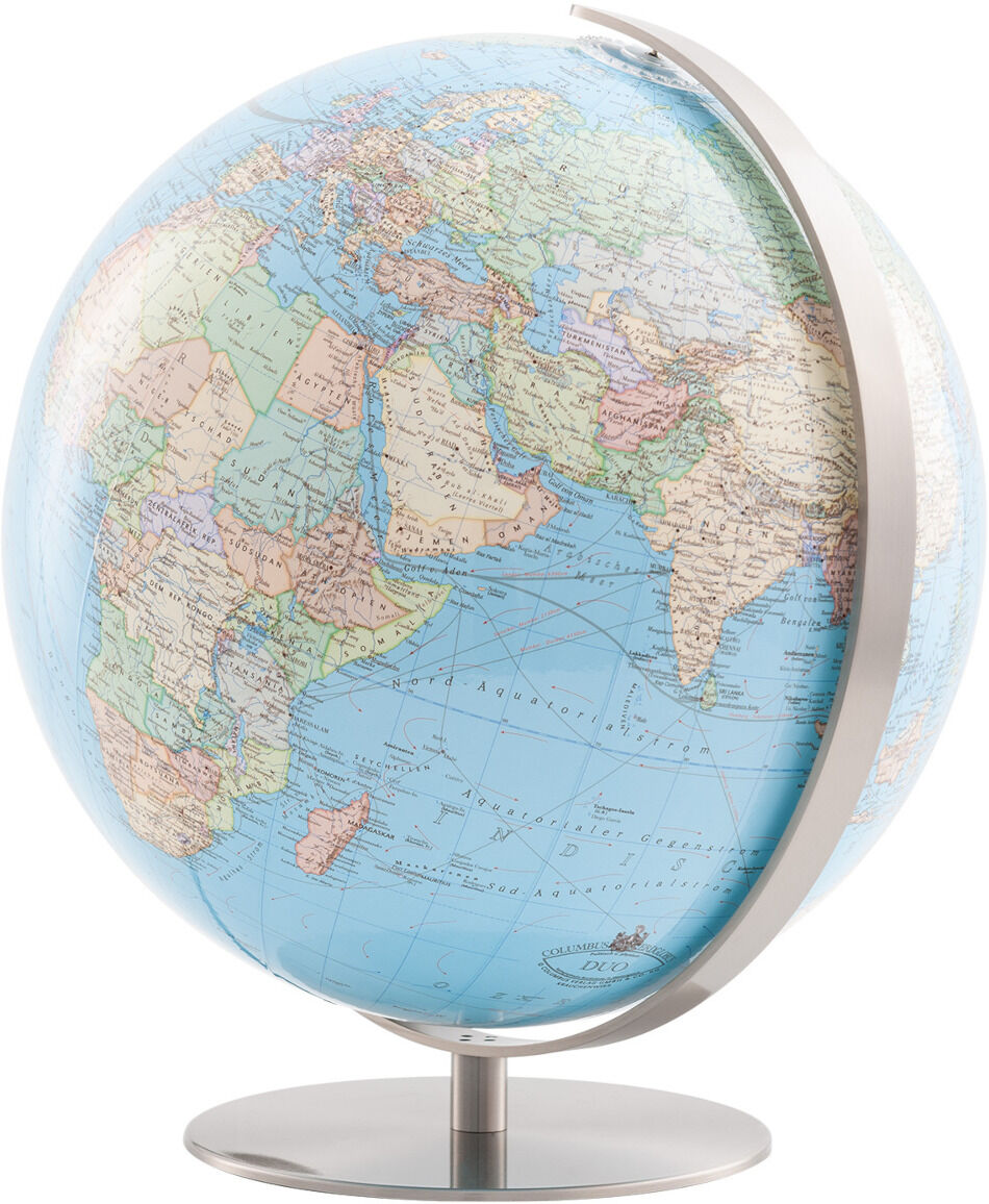 Ein Tischglobus mit dem Namen »DUO Regent«, der auf einem modernen Metallständer steht und detaillierte geografische Karten der Welt zeigt. Der Globus hat eine überwiegend blaue Farbe für Ozeane und verschiedene Farben für Länder und Kontinente.