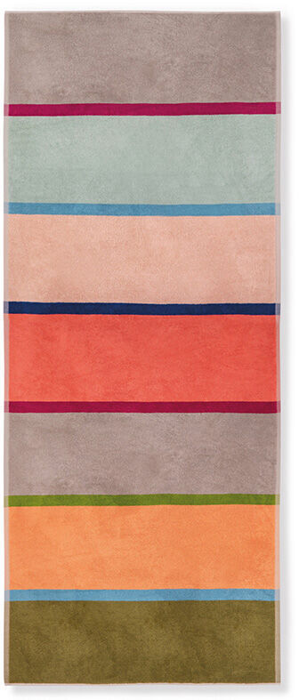 Ein Badetuch mit einem bunten Streifenmuster auf einem weißen Hintergrund. Die Streifenfarben variieren von Grau, Grün, Blau, Rot, Pink, Orange bis Beige. Das Tuch hat eine rechteckige Form und wirkt flauschig und weich.