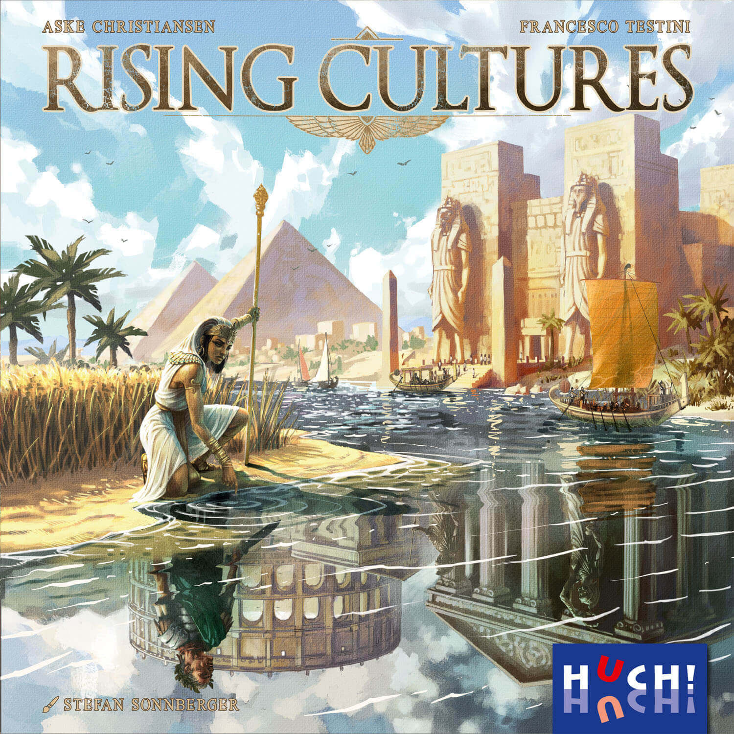 Das Bild zeigt die Verpackung des Brettspiels »Rising Cultures«. Im Vordergrund reflektiert eine Person das Wasser mit einer Schale. Im Hintergrund sind monumentale altägyptische Gebäude, Pyramiden und Palmen zu sehen. Der Himmel ist teils wolkig, die Szenerie ist von warmen und sandigen Farbtönen dominiert. Das Brettspiel-Logo »Huch!« befindet sich unten rechts.