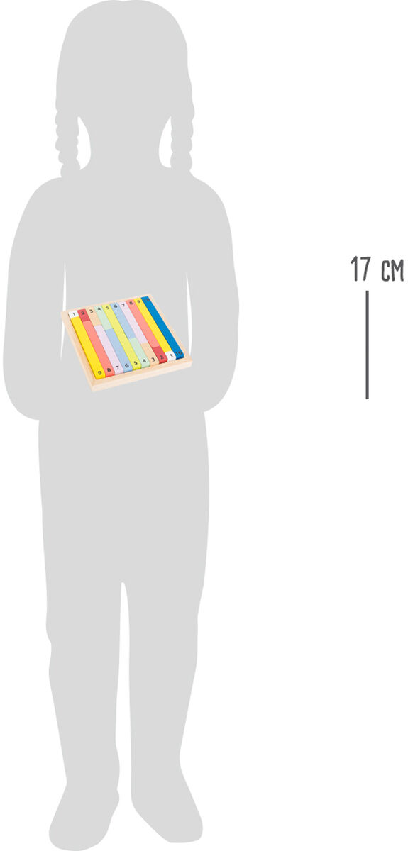 Grafik einer Kindersilhouette, die ein Set von farbenfrohen Rechenstäbchen in der Hand hält. Die Stäbchen sind in den Farben Rot, Blau, Gelb, Grün, Rosa und Braun. Daneben ist eine Höhenangabe von 17 cm zu sehen.