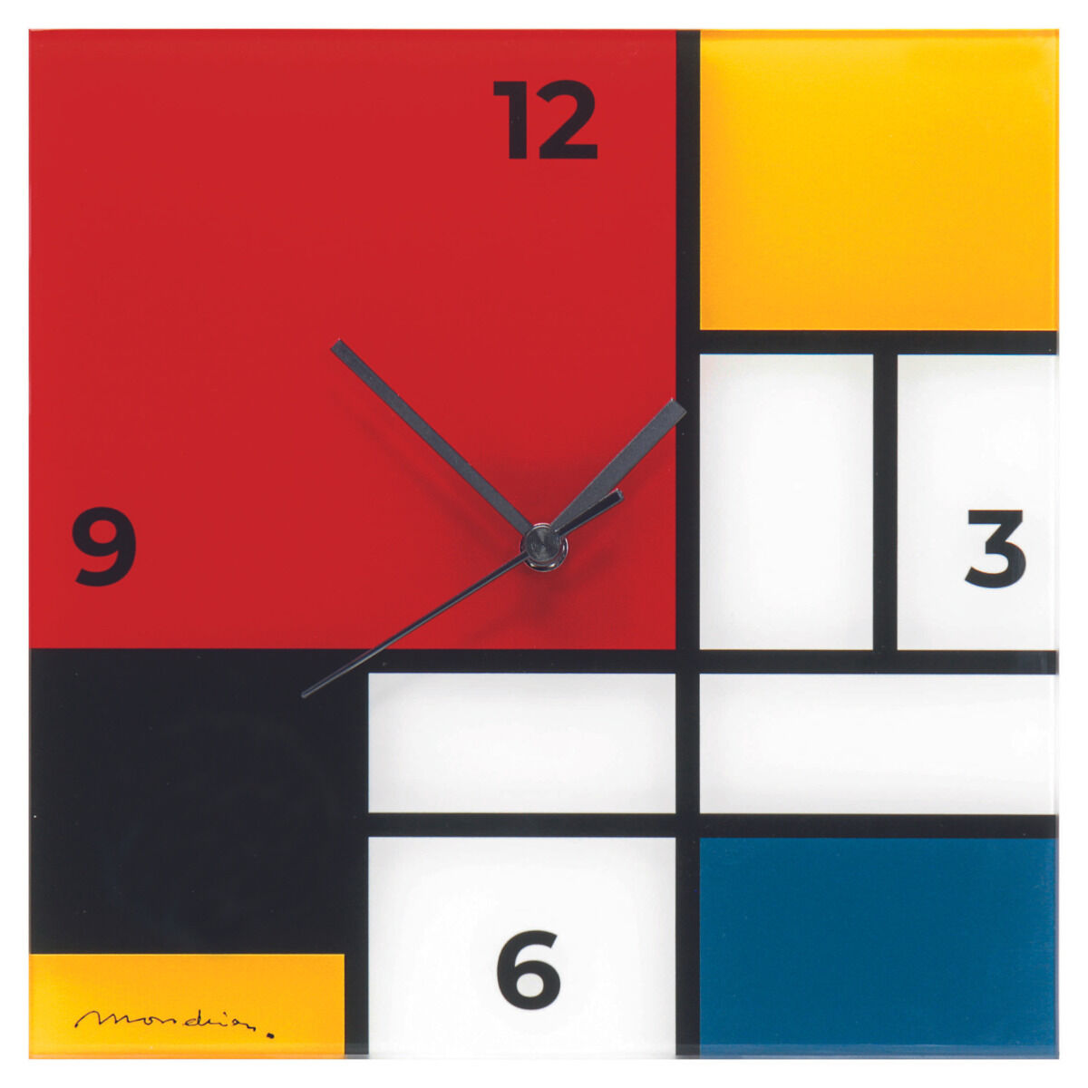 Quadratische Wanduhr inspiriert von Piet Mondrians 'Komposition in Rot, Blau, Gelb und Schwarz' mit geometrischen Mustern und Farben.