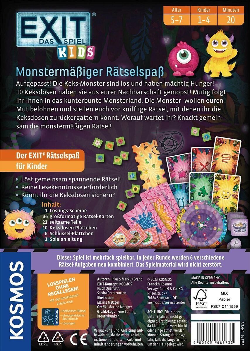 Die Rückseite des Spiels 'EXIT - Das Spiel - Kids: Monstermäßiger Rätselspaß'. Zeigt bunte Illustrationen von Monstern, Regeln, Spielelementen und Informationen von Kosmos Verlag. Das Spiel richtet sich an Kinder von 5 bis 7 Jahren.