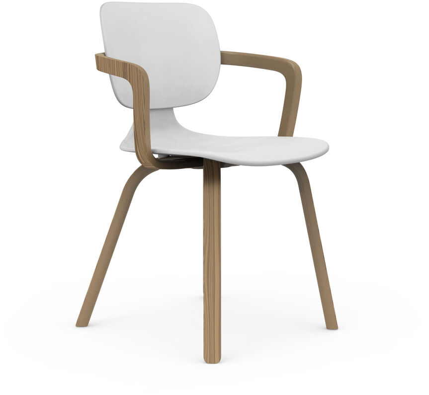 Ein moderner Stuhl namens 'com 66' in Weiß, aus Eiche gefertigt. Der Stuhl hat ein minimalistisches Design mit einer weißen Sitzfläche und Rückenlehne, unterstützt von geschwungenen Armlehnen und Beinen aus Holz.