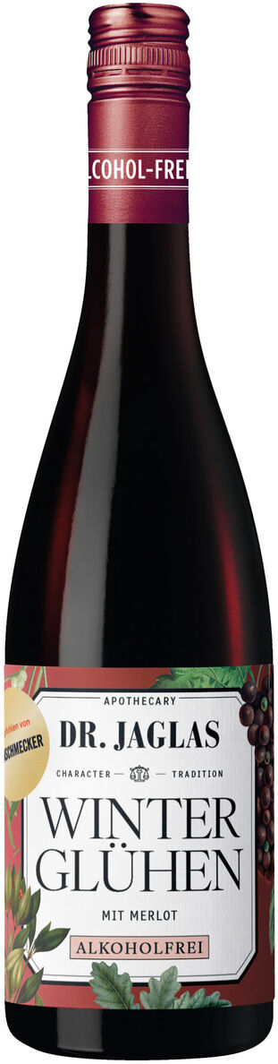 Eine Flasche alkoholfreier Premium-Glühwein von Dr. Jaglas, Sorte Winterglühen Merlot. Die Flasche ist dunkel mit bordeauxrotem Verschluss und elegant gestaltetem Etikett, auf dem Weintrauben, weihnachtliche Gewürze und Blätter zu sehen sind.