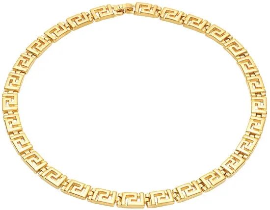 Hochwertige Halskette aus poliertem Metall mit klassischem Mäander-Muster in Goldoptik, gleichmäßig angeordnet in einem geschlossenen Kreis, freigestellt auf weißem Hintergrund.
