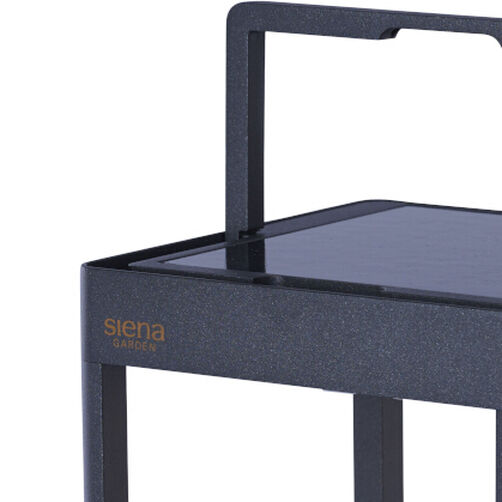 Detailansicht der Solarlaterne »WEGA« von Sienagarden in modernem, eckigem Design. Gehäuse aus pulverbeschichtetem Aluminiumdruckguss in Anthrazit, klar erkennbare Trageschlaufe oben, dezentes Logo vorn, Oberfläche glatt und matt strukturiert.