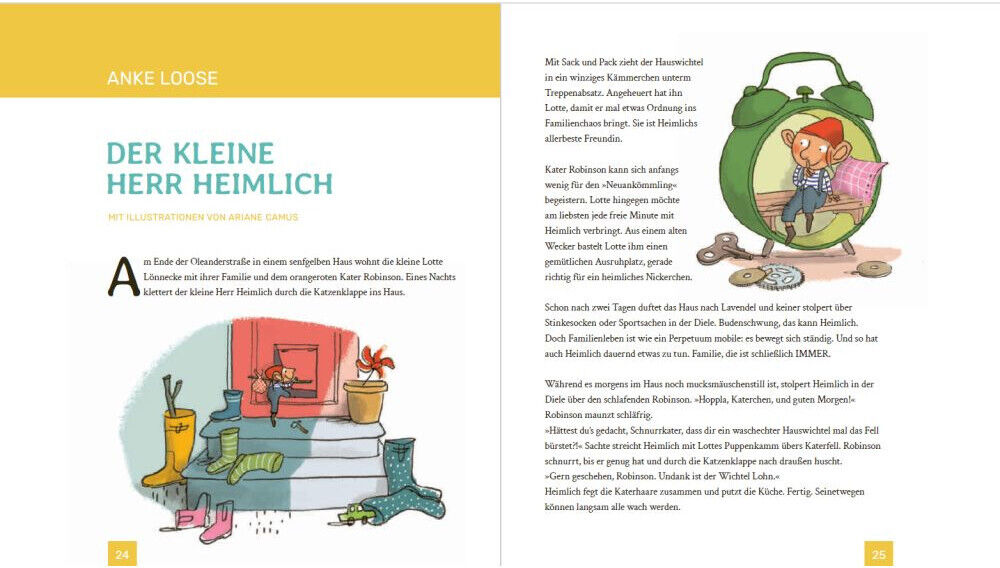 Doppelseite aus dem Buch ZEIT-Edition »Wenn das Glück zur Tür hereinkommt« von DIE ZEIT: Links eine farbige Illustration mit Gummistiefeln vor einer Haustür, rechts eine Illustration von Herrn Heimlich im grünen Rucksack, umgeben von bunten Sachen. Viel Text und gelber Kopfbereich.