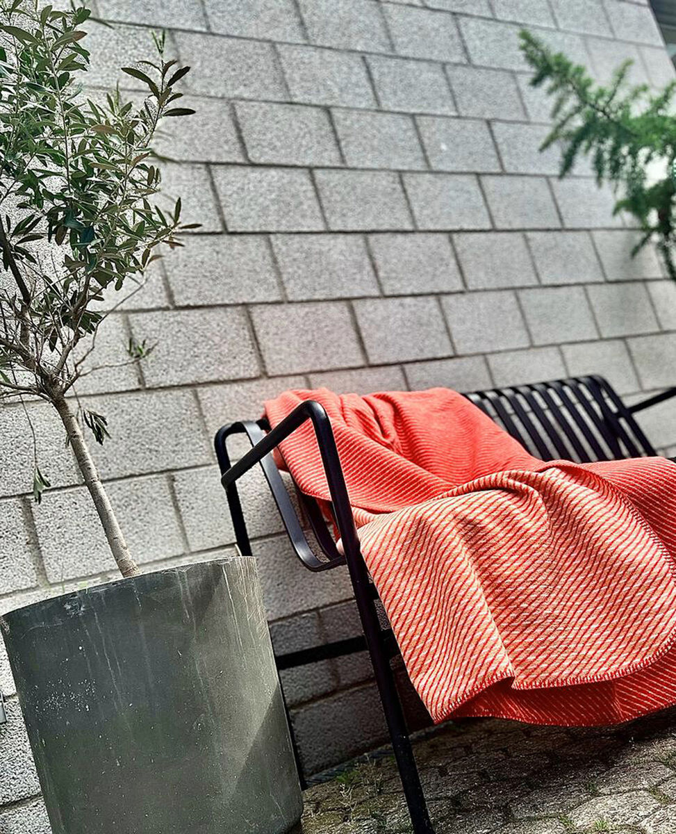 Eine rot-weiß gemusterte Baumwolldecke liegt auf einer schwarzen Metallbank neben einem Topfbaum vor einer grauen gemauerten Wand.