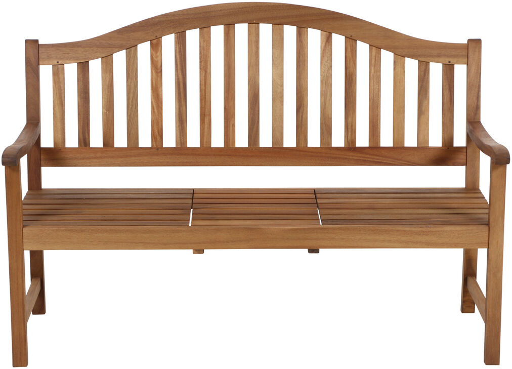 Eine 3-Sitzer Bank namens »Pisa« aus Akazienholz. Die Holzbank hat ein rustikales Design mit einer geschwungenen Rückenlehne und Armlehnen, geeignet für den Außenbereich wie Garten oder Terrasse.