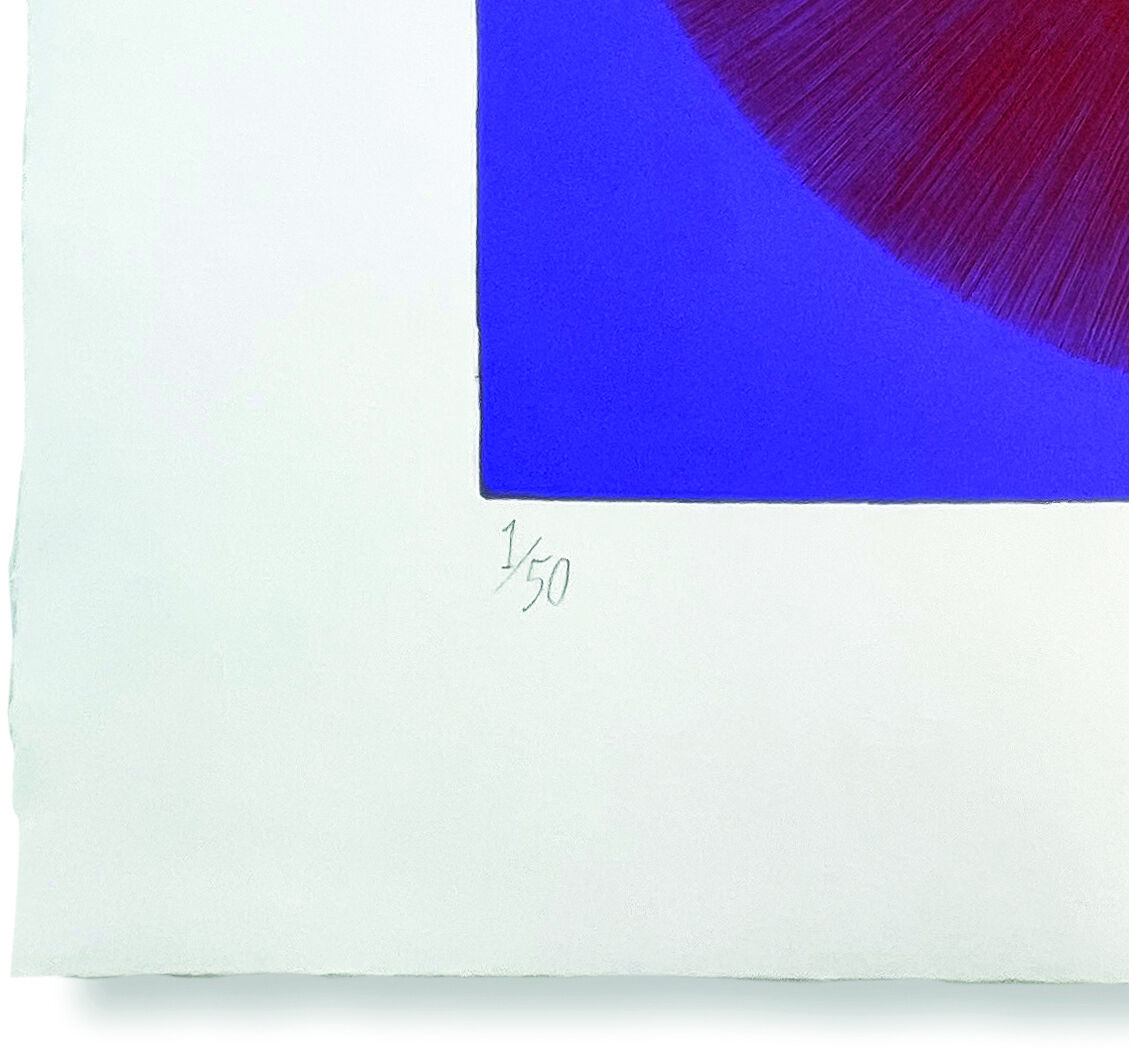 Grafisches Kunstwerk ZEIT-Sonderedition „Spiky Circle (Rot auf Violett)“, 2023: Ein roter, stacheliger Kreis auf einem violetten Hintergrund, umgeben von einem weißen Rahmen.