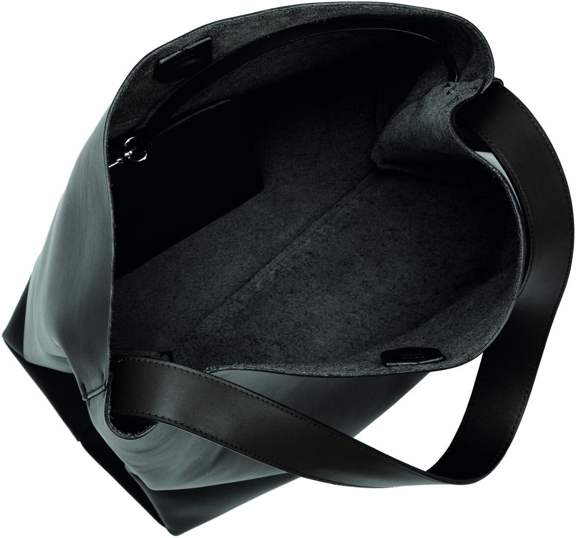 Handtasche 'Neo Cep' aus schwarzem Leder mit braunen Griffen, die Innenansicht zeigt ein geräumiges, graues Innenfutter.