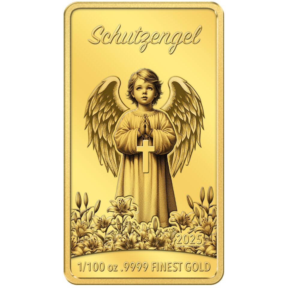 Rechteckiger Goldbarren mit der Gravur eines betenden Engels und der Aufschrift 'Schutzengel' sowie dem Jahr 2025. Im unteren Bereich sind Blumen und Feingold-Angaben sichtbar.