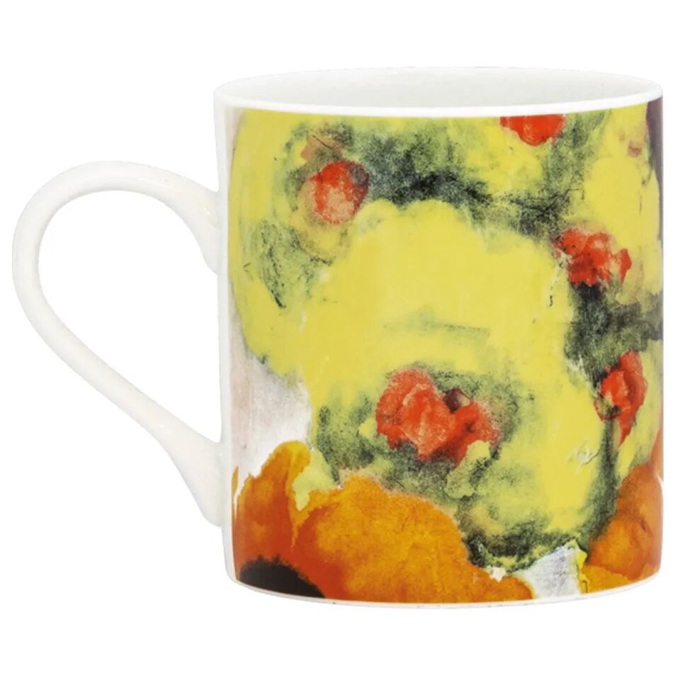 Porzellanbecher mit farbenfrohem Künstlermotiv nach Emil Nolde. Der Becher zeigt abstrakte Sommerblumen in lebhaften Gelb-, Rot-, Orange- und Grüntönen auf weißem Hintergrund. Der Henkel ist klassisch rund, das Design modern und dekorativ.