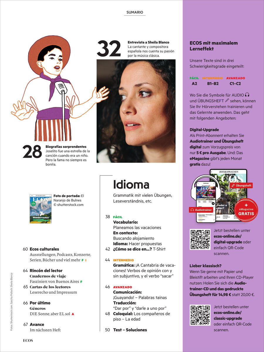 Seite aus dem Ecos Magazin des Spotlight Verlags mit Inhaltsverzeichnis, Illustrationen und Fotos. Links eine Grafik einer Person mit Hut, rechts ein Porträtfoto einer Frau. Themenschwerpunkte: Medellín, Gioconda Belli, Dudelsackbau und spanische Sprache.