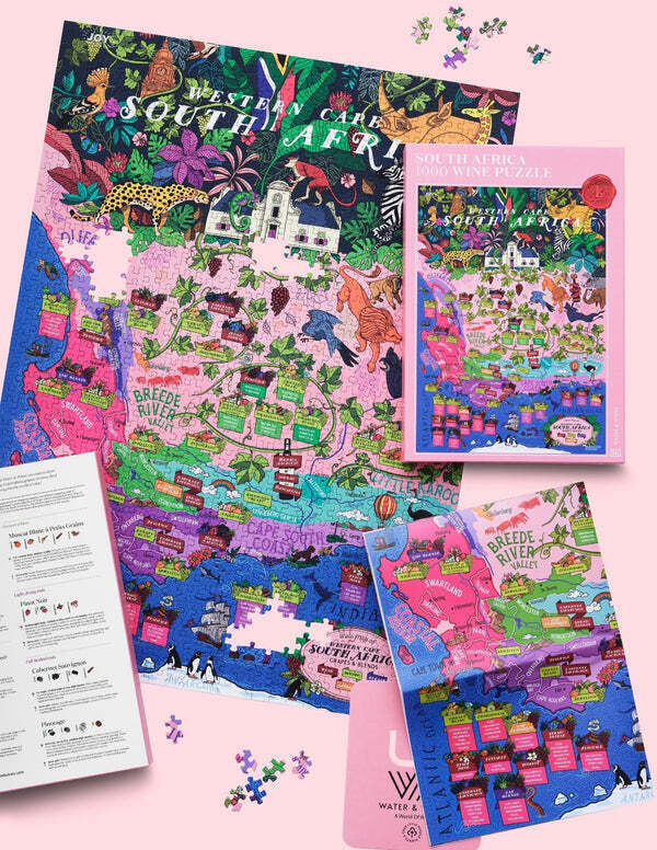 Ein farbenfrohes Puzzle mit dem Thema Südafrika. Das Puzzle zeigt verschiedene Weingebiete und kulturelle Aspekte des Landes, verpackt in einer dekorativen Box. Ideal für Erwachsene und Weinliebhaber.