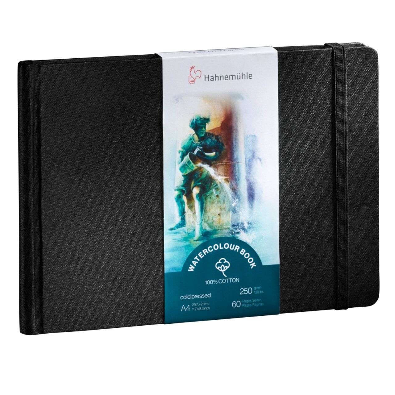 Das Bild zeigt ein geschlossenes, schwarzes Watercolour Book von Hahnemühle im A4-Format mit 250 g/m² Papier. Das Notizbuch verfügt über einen elastischen Verschluss und eine Papierbanderole mit Wasserfarbenmotiv, Produktdetails und Firmenlogo. Geeignet für Künstler und Kunststudierende.