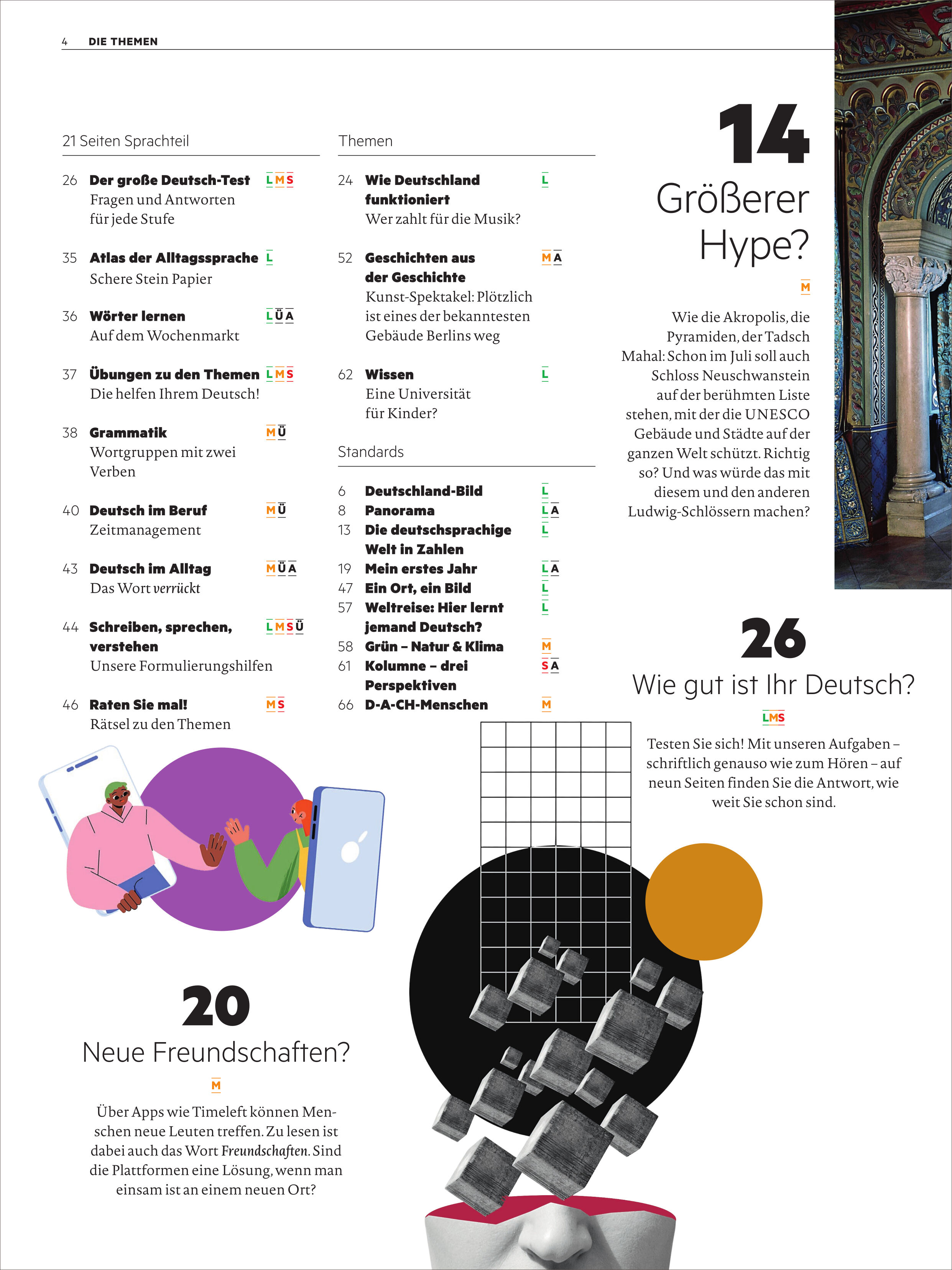 Das Bild zeigt die Inhaltsseite des Magazins 'Deutsch perfekt' Ausgabe 8/2025. Auf der Seite befinden sich verschiedene Textabschnitte mit Themen zu Deutschlernen, Tests, Freundschaft und Kultur. Illustrationen von modernen Grafikelementen und Smartphone-Nutzung ergänzen die Gestaltung. Die Grundfarben sind Weiß, Schwarz, Violett, Blau, Orange und Grün. Das Layout ist klar strukturiert, mit hervorgehobenen Überschriften und starker visueller Gestaltung.